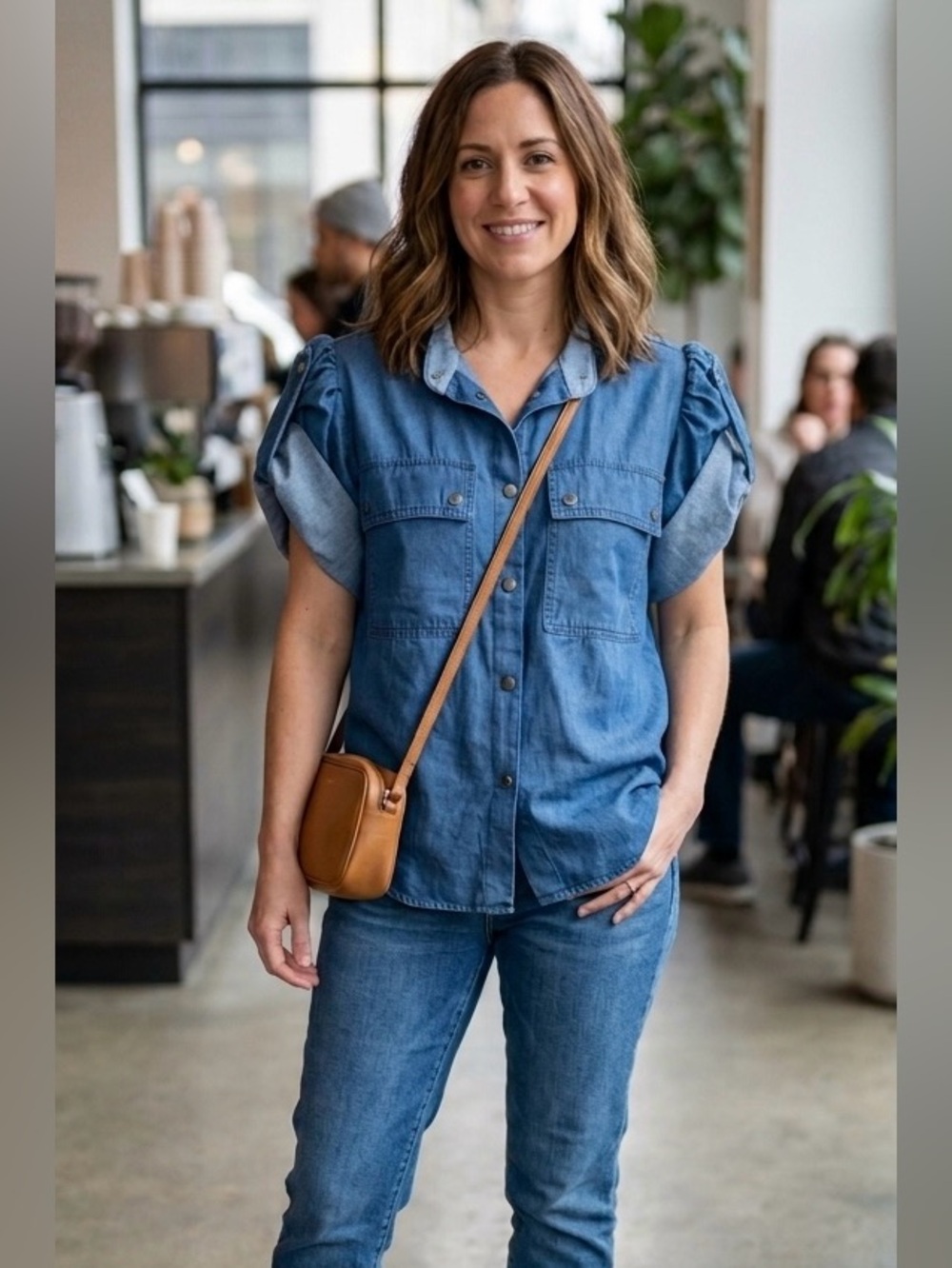 Jennifer Lopez, Blue Denim Short-Sleeve, NWT, Button-Front Shirt, XS, P2P:18” - Picture 1 of 6